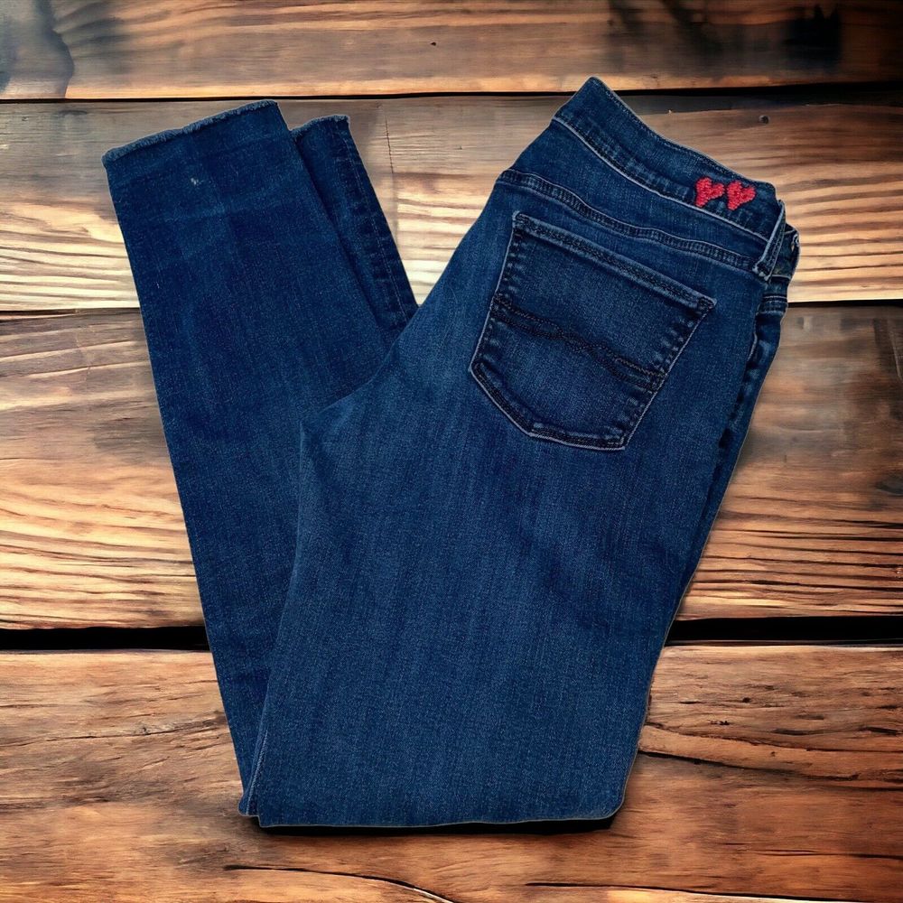 Lucky Brand 10/30 Charlie Skinny Dark Wash Jeans Raw Hem Embroidered Hearts